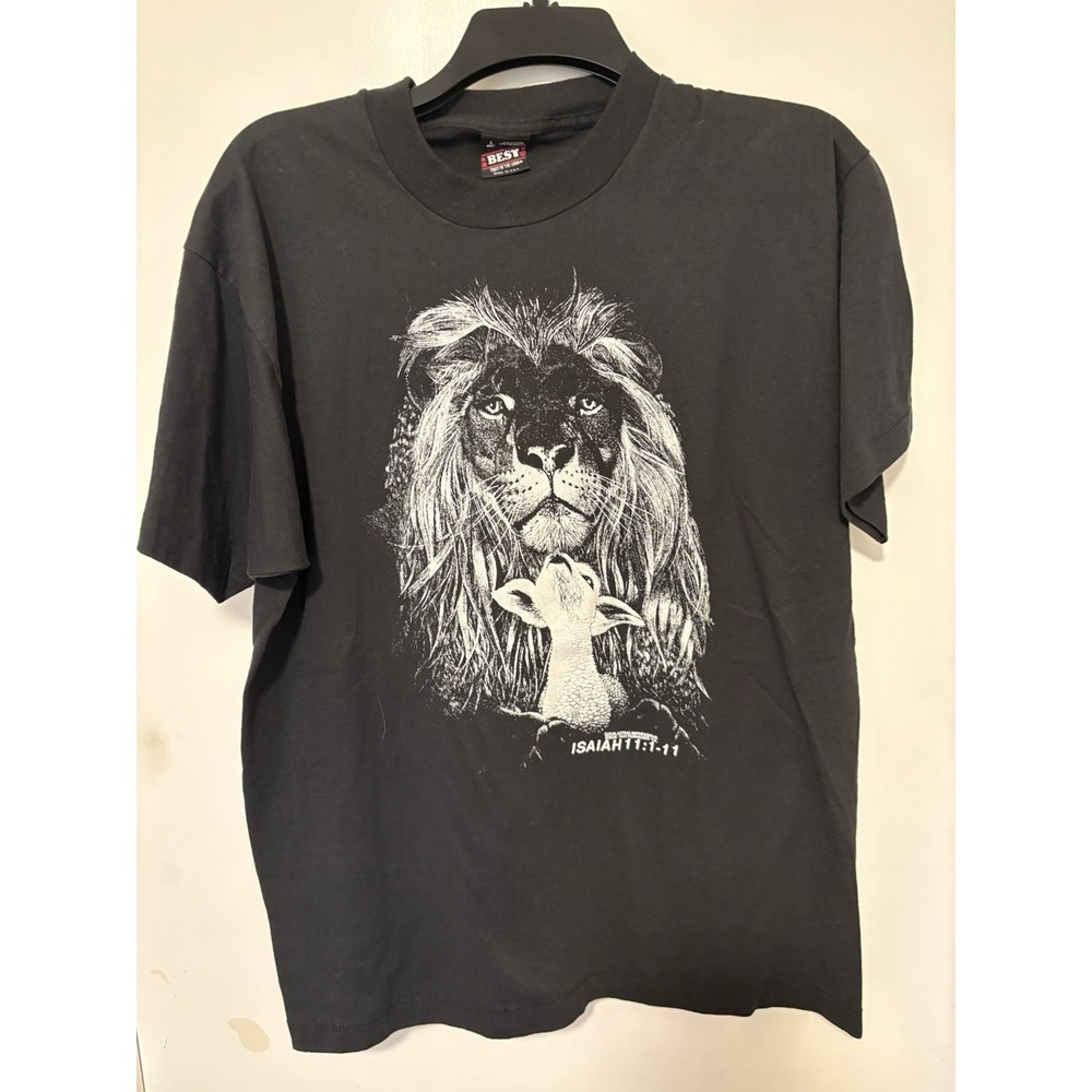 VTG Hanes Isaiah 11:1-11 Lion Lamb Bible T-Shirt Black Men's L